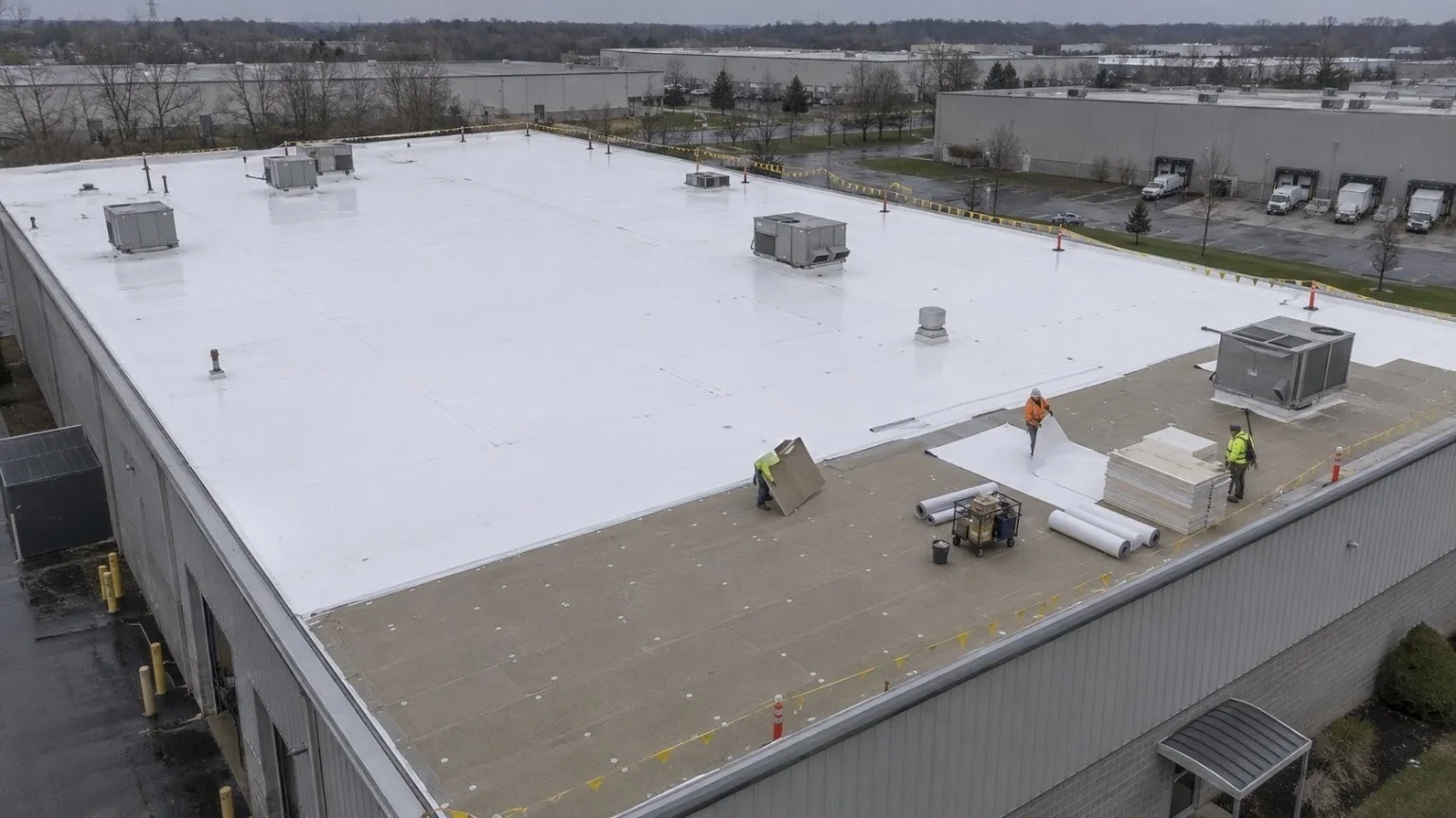 Aerial view of a commercial membrane roof installation in progress