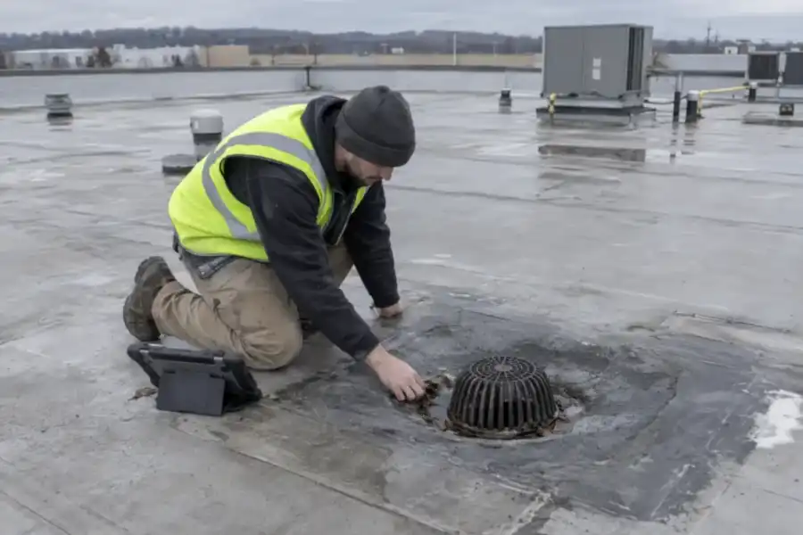 Roofing technician inspecting a commercial roof drain and surrounding membrane