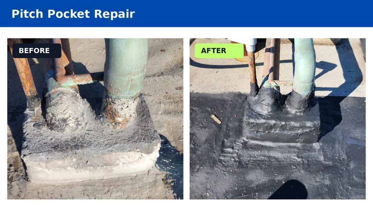 Before and after views of a commercial pitch pocket repair