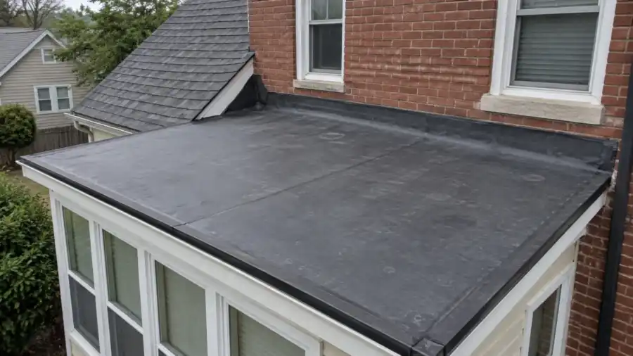 Completed dark EPDM membrane roof on a residential porch
