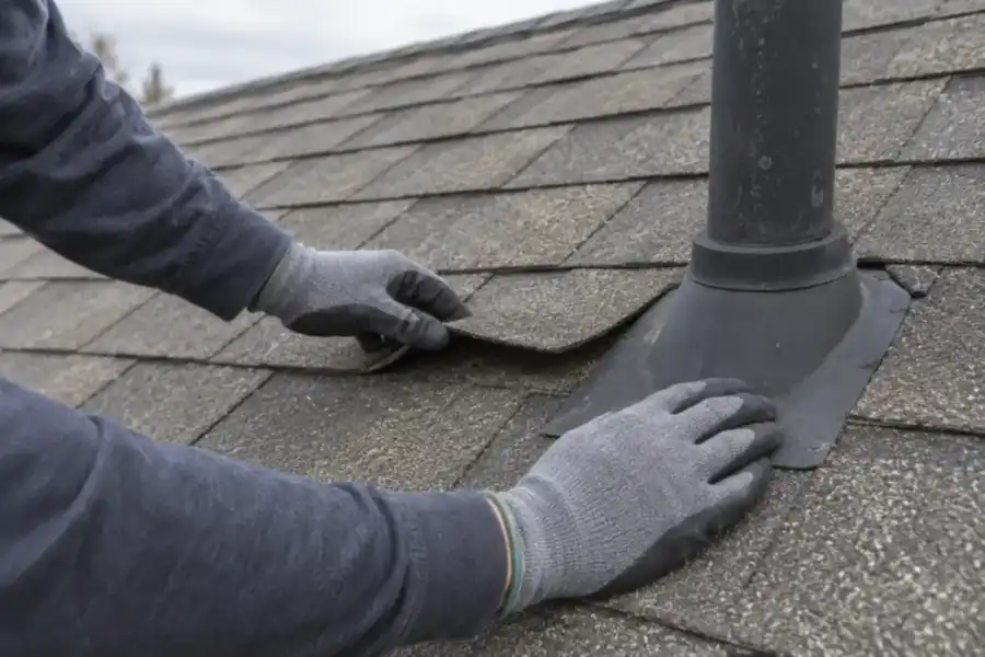 Roofing technician checking a shingle and pipe boot during maintenance