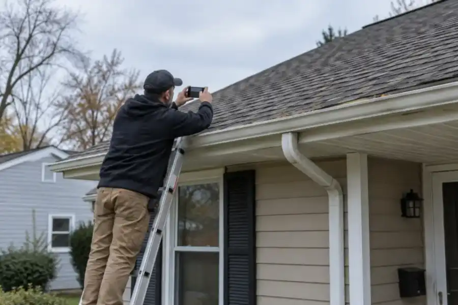 Roofing contractor inspecting shingles at the eave of a home