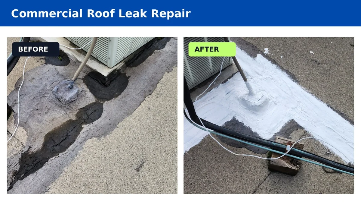 Before and after views of a commercial roof leak repair