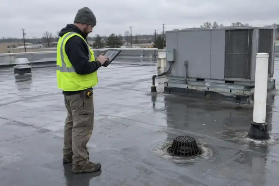 Roofing technician reviewing inspection notes on a commercial roof